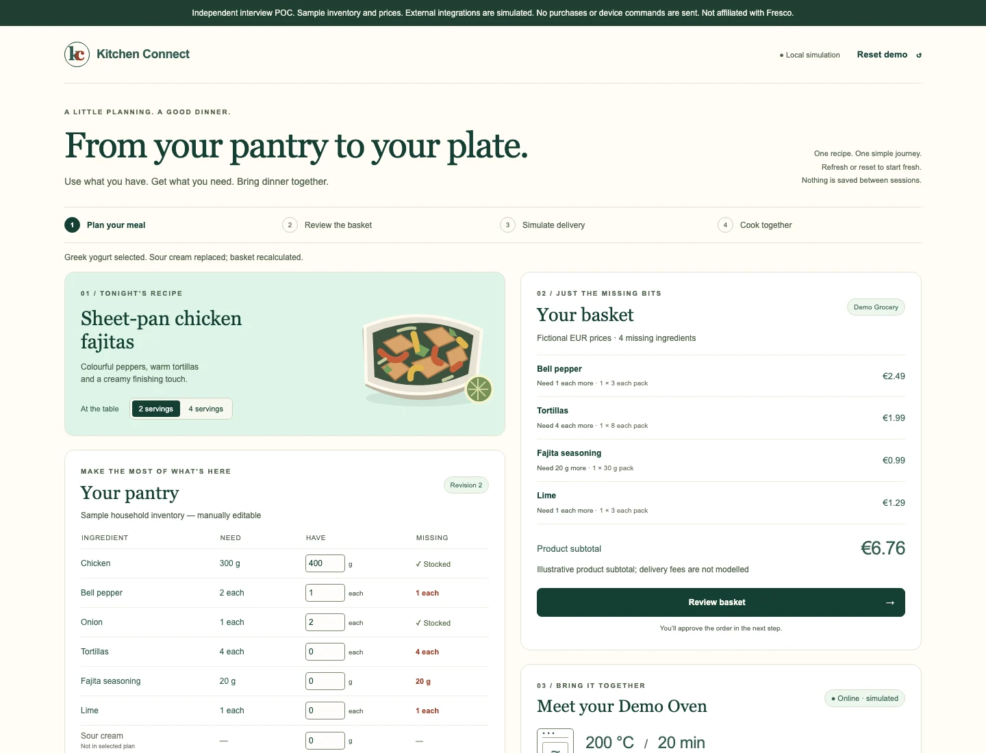 Kitchen Connect showing a fajita meal, pantry quantities, a Greek yogurt substitution and a simulated grocery basket.